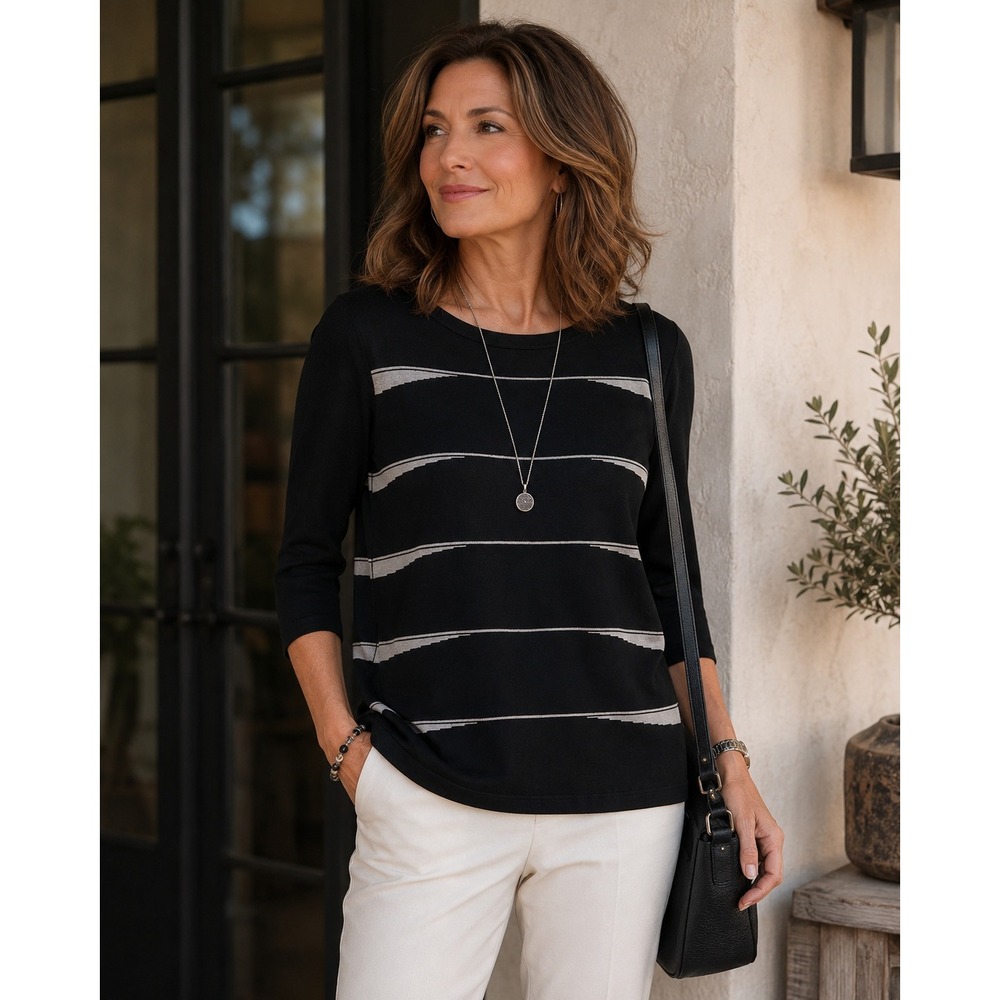 Venini Womens XL Black White Geometric Stripe 3/4 Sleeve Knit Top Mature